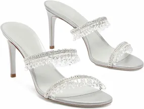 Rhinestone Tassel Heeled Sandals for Women Open Round Toe Stiletto High Heel Mules Sparkly Banquet Wedding Prom Shoes