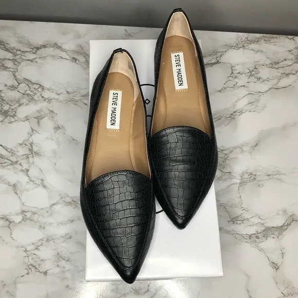 Steve Madden Feather Black Crocodile Pointed Closed Toe Slip On Flat Loafers