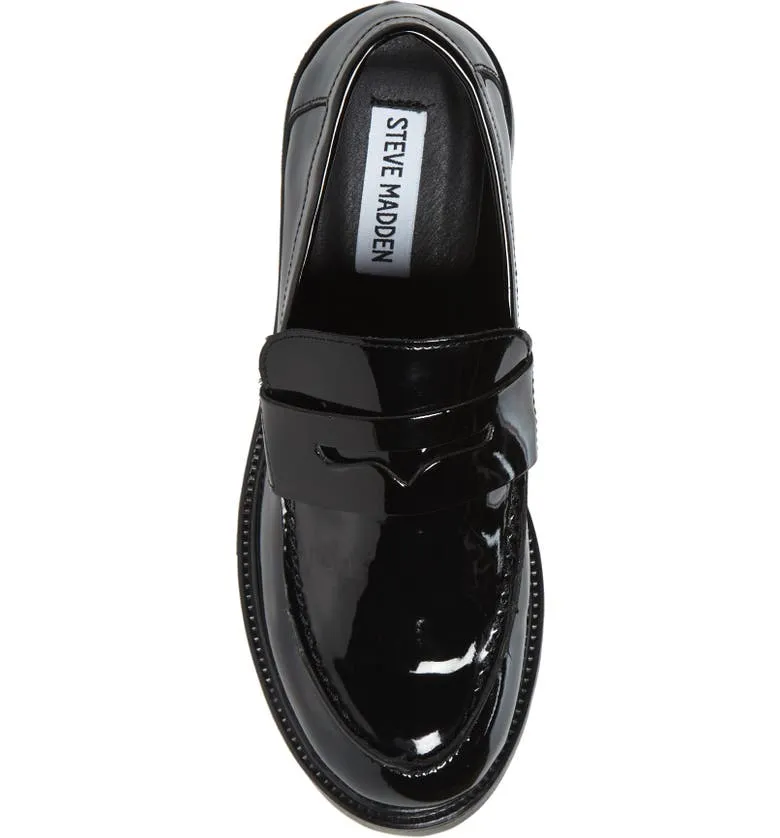 Steve Madden Lotto Black Leather Retro Lug Sole Low Chunky Heel Penny Loafer (9.5, BLACK)