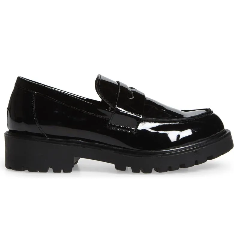 Steve Madden Lotto Black Leather Retro Lug Sole Low Chunky Heel Penny Loafer (9.5, BLACK)