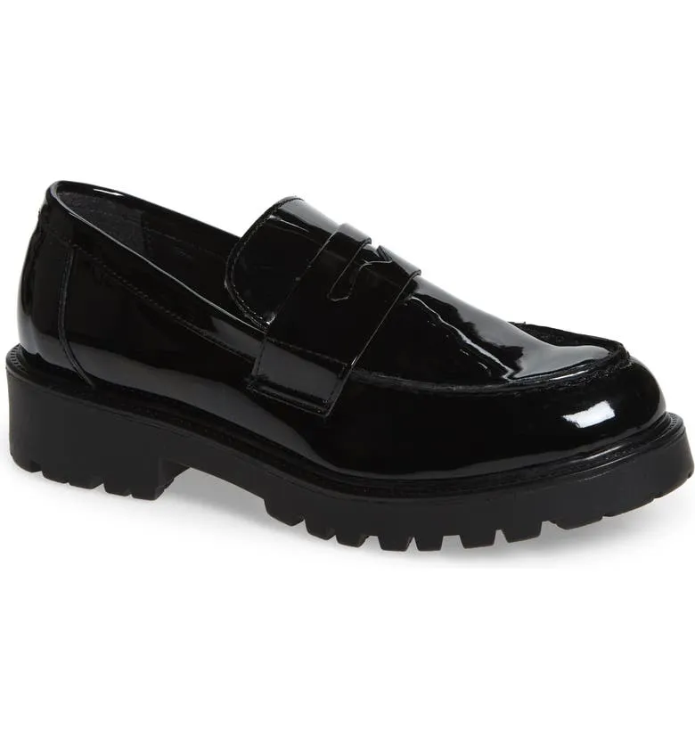 Steve Madden Lotto Black Leather Retro Lug Sole Low Chunky Heel Penny Loafer (9.5, BLACK)