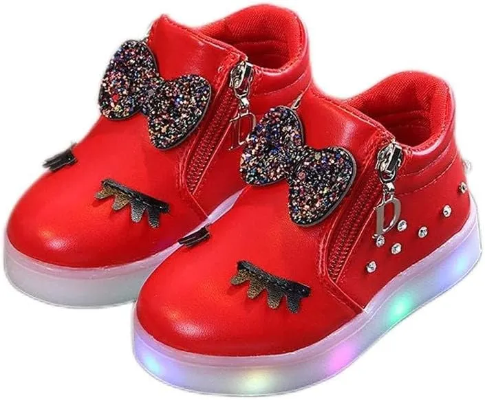 Toddler Baby Light Up Shoes Little Girls Non Slip Wide Zipper Boots Fashion LED Flashing Tennis Sneakers