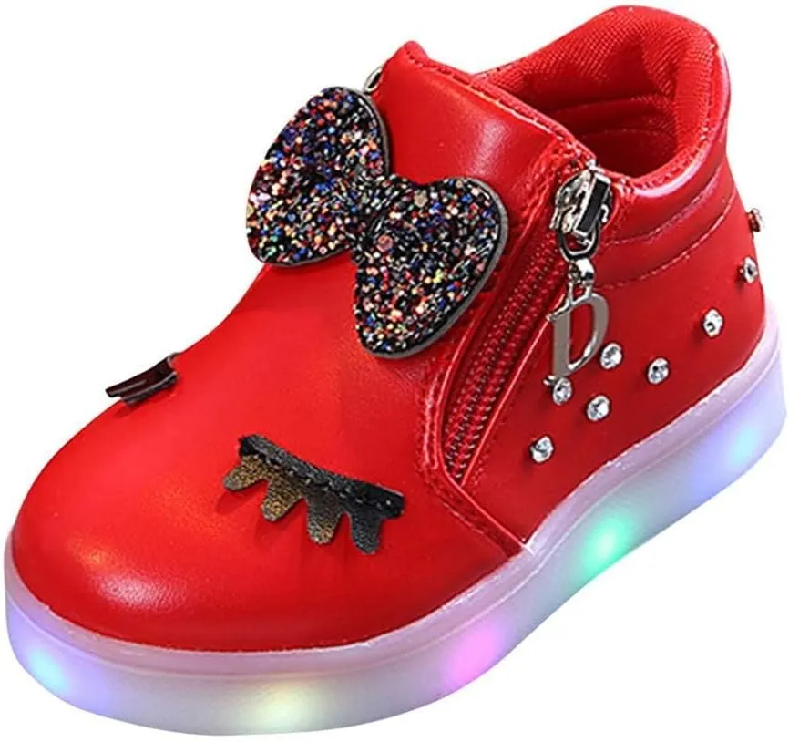 Toddler Baby Light Up Shoes Little Girls Non Slip Wide Zipper Boots Fashion LED Flashing Tennis Sneakers