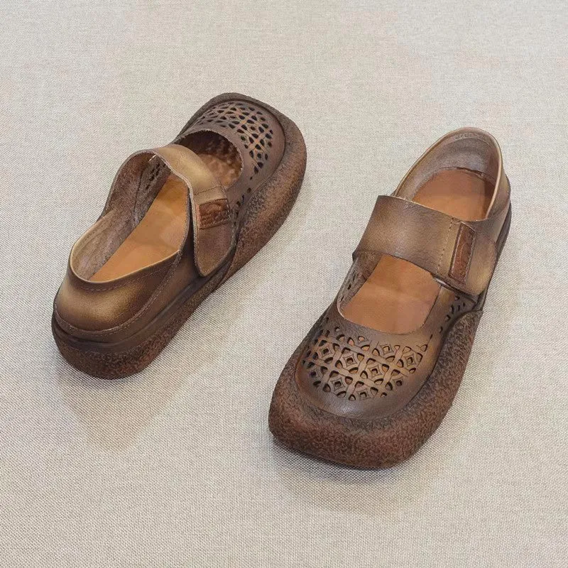 Vintage Hollow Velcro Square Toe Breathable Leather Shoes