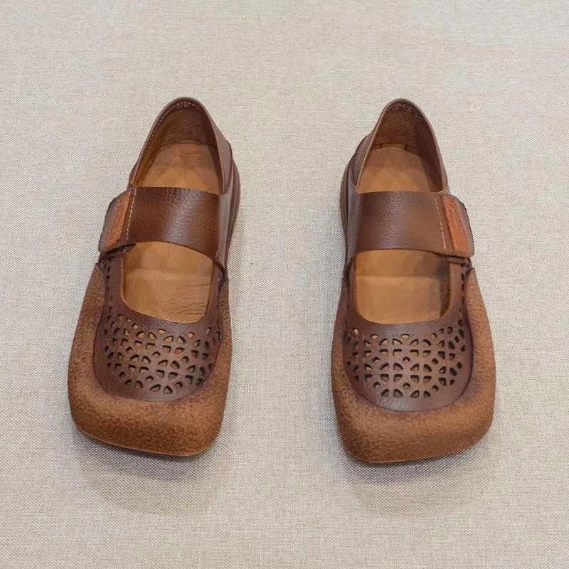 Vintage Hollow Velcro Square Toe Breathable Leather Shoes