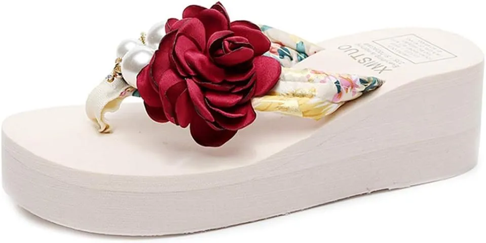 VOKLIN Women's Bohemian Flower Wedge Flipflop Sandals Summer Platform Nonslip High Heel Beach Thong Sandal