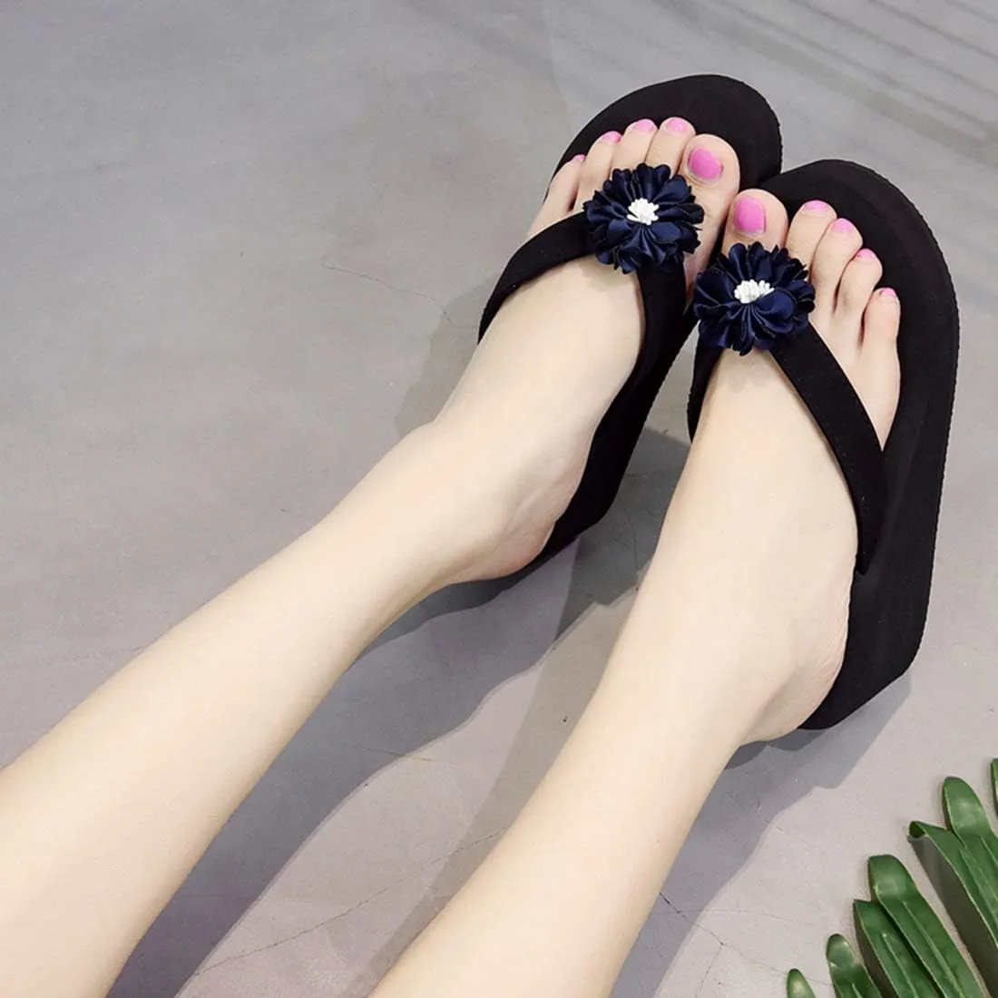 VOKLIN Women's Bohemian Flowers Wedge High Heel Flipflop Sandals Summer Platform Nonslip Beach Thong Sandal