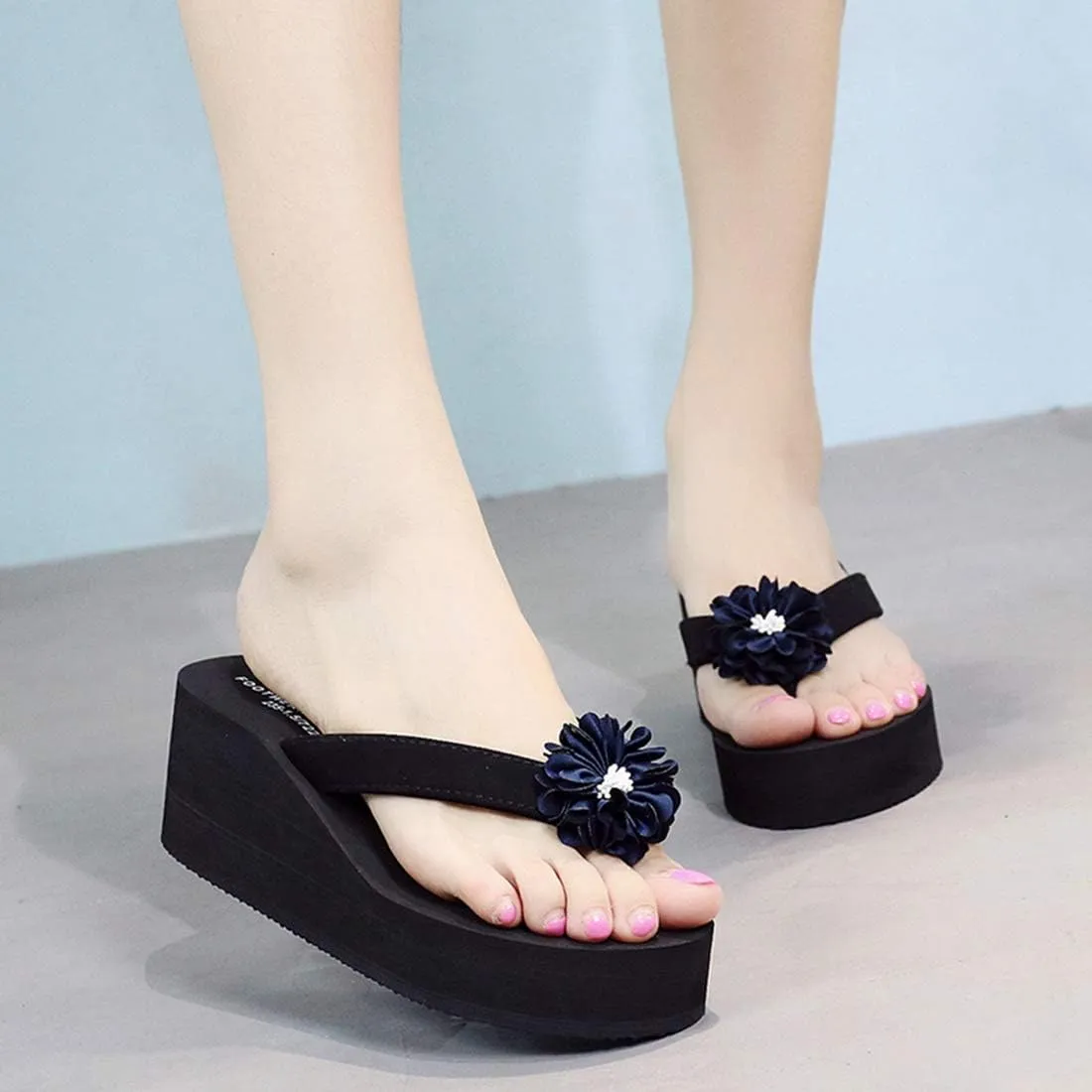 VOKLIN Women's Bohemian Flowers Wedge High Heel Flipflop Sandals Summer Platform Nonslip Beach Thong Sandal
