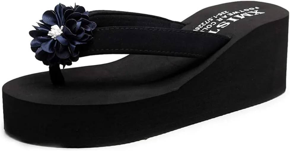 VOKLIN Women's Bohemian Flowers Wedge High Heel Flipflop Sandals Summer Platform Nonslip Beach Thong Sandal