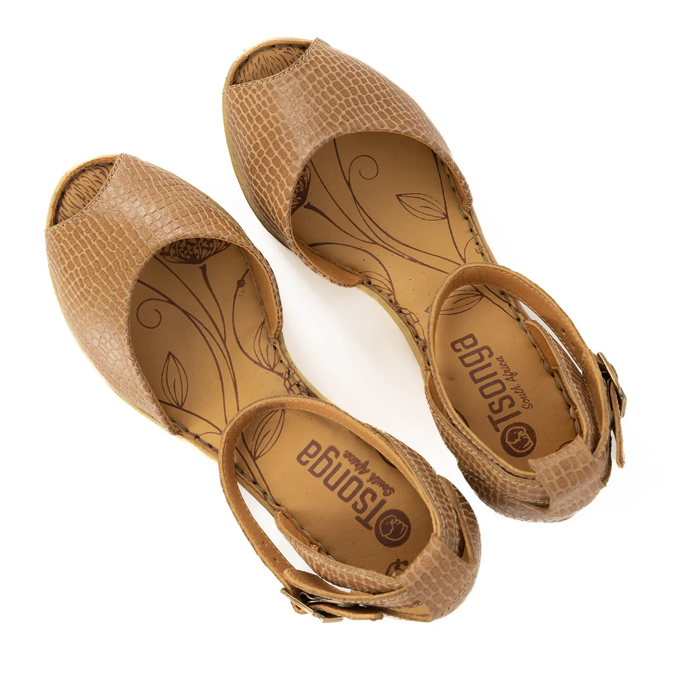 Wanyaza : Ladies Leather High-Heel Wedge Sandal in Walnut Coco Lux