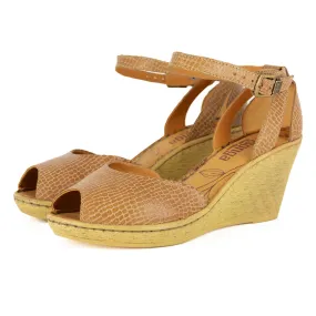 Wanyaza : Ladies Leather High-Heel Wedge Sandal in Walnut Coco Lux