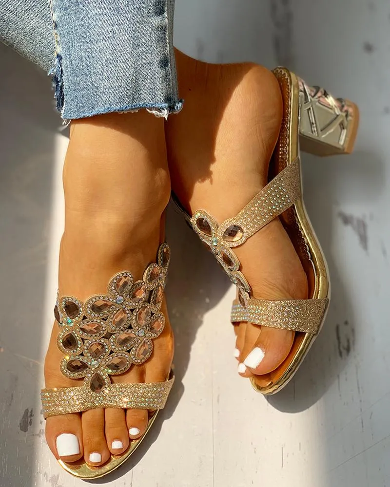 Waterdrop Rhinestone Chunky Heeled Sandals