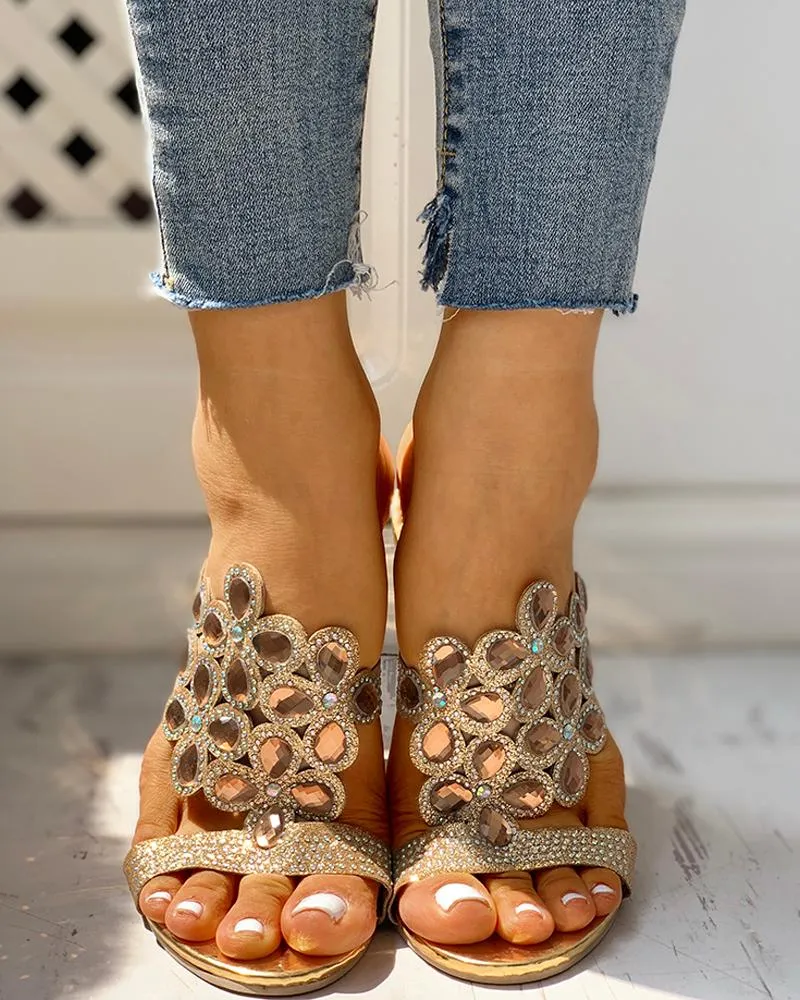 Waterdrop Rhinestone Chunky Heeled Sandals