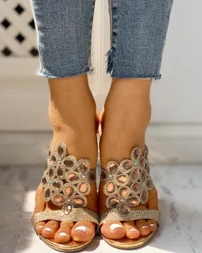 Waterdrop Rhinestone Chunky Heeled Sandals