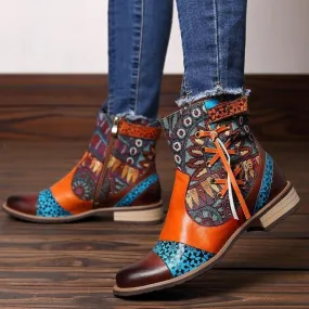 Women flower patchwork criss cross lace zipper low heel booties
