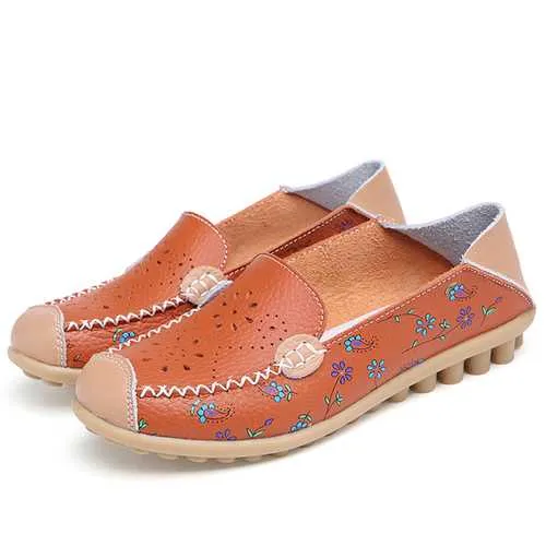 Women Leisure Shoes Breathable Hollow Out Flats Soft Sole Loafers Flower Printing Loafers