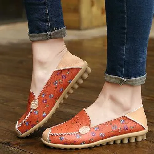 Women Leisure Shoes Breathable Hollow Out Flats Soft Sole Loafers Flower Printing Loafers
