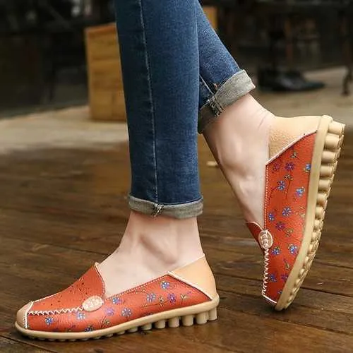 Women Leisure Shoes Breathable Hollow Out Flats Soft Sole Loafers Flower Printing Loafers