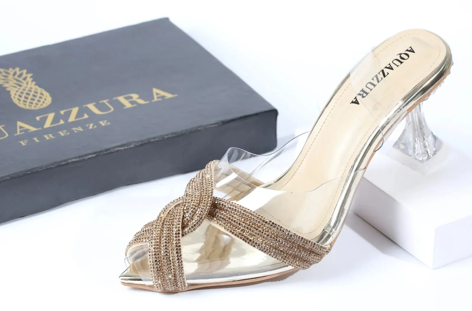 WOMEN RHINESTONE PEEP TOE SANDALS - GOLDEN