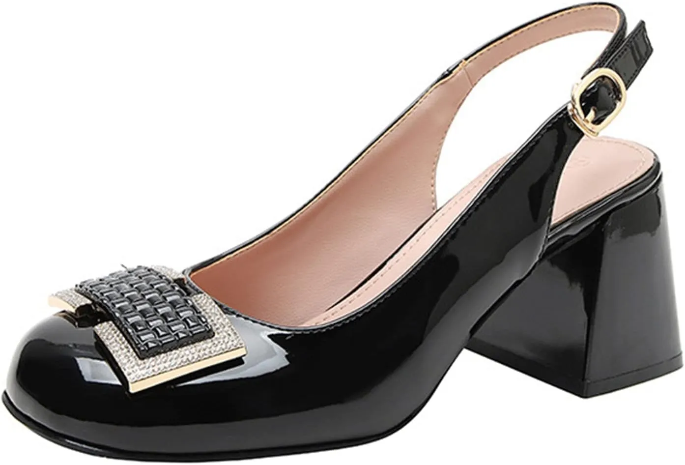 Womens Black Patent Leather Mary Jane High Heels Slingback Round Toe Chunky High Pumps Slip-On Office Lady Sandals Party Prom Dress Shoes