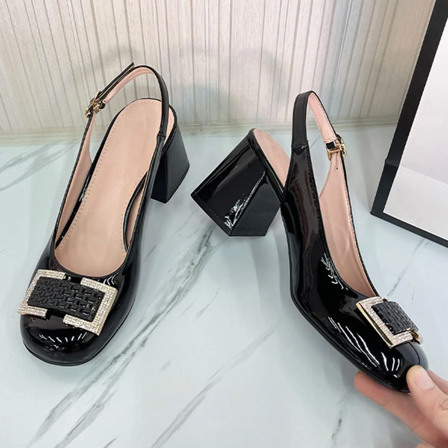 Womens Black Patent Leather Mary Jane High Heels Slingback Round Toe Chunky High Pumps Slip-On Office Lady Sandals Party Prom Dress Shoes