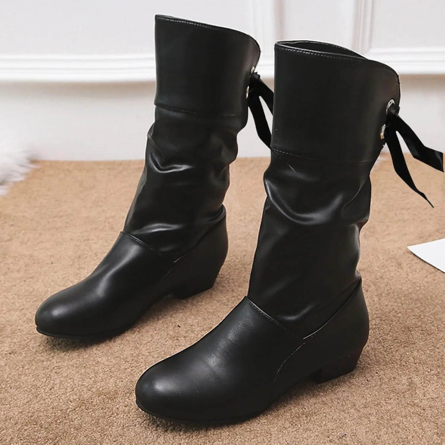 Womens Boots Fashion Bow Tie Pleated PU Leather Boots for Women Solid Color Chunky Heel Durable Mid-Calf Boots