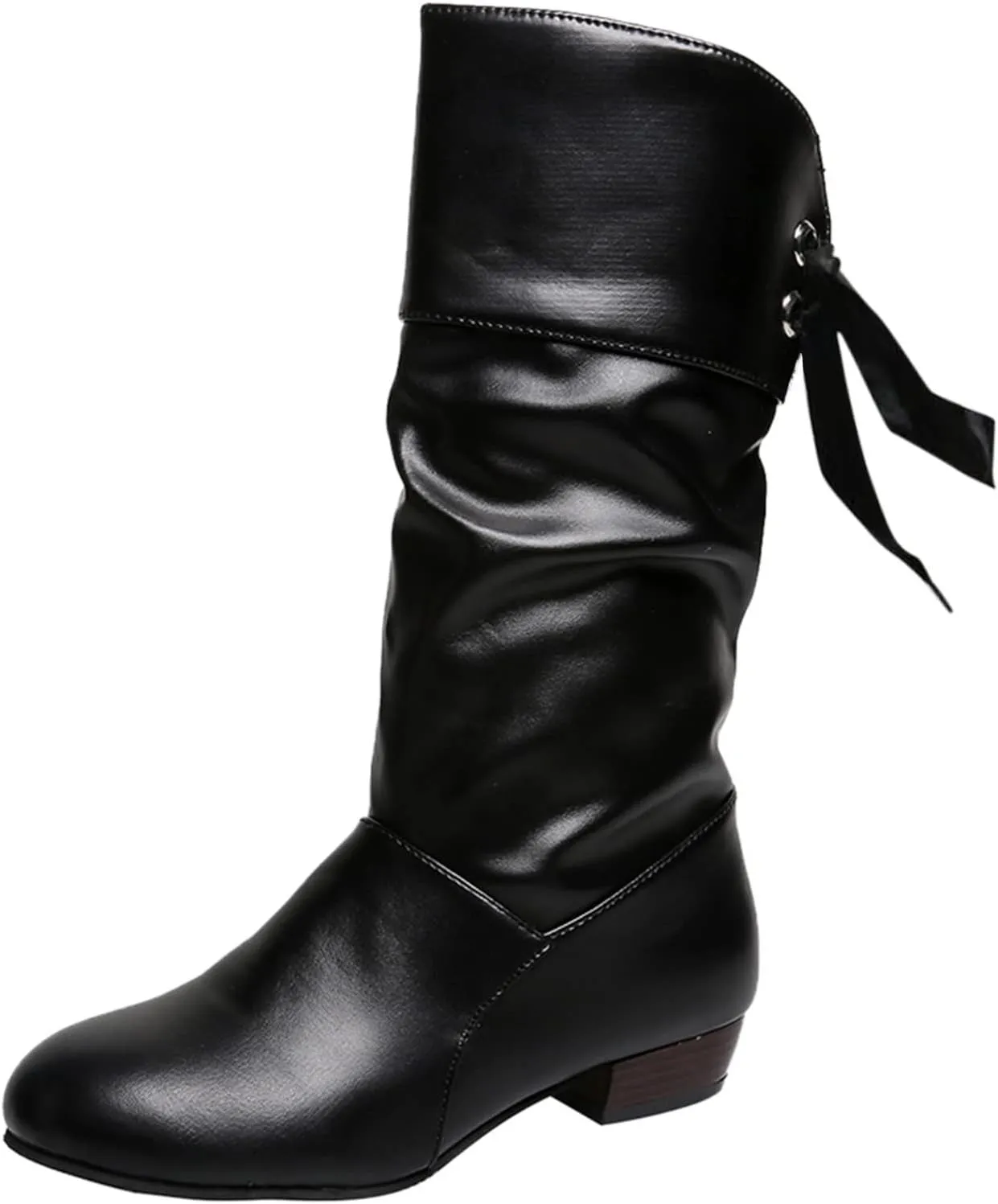 Womens Boots Fashion Bow Tie Pleated PU Leather Boots for Women Solid Color Chunky Heel Durable Mid-Calf Boots