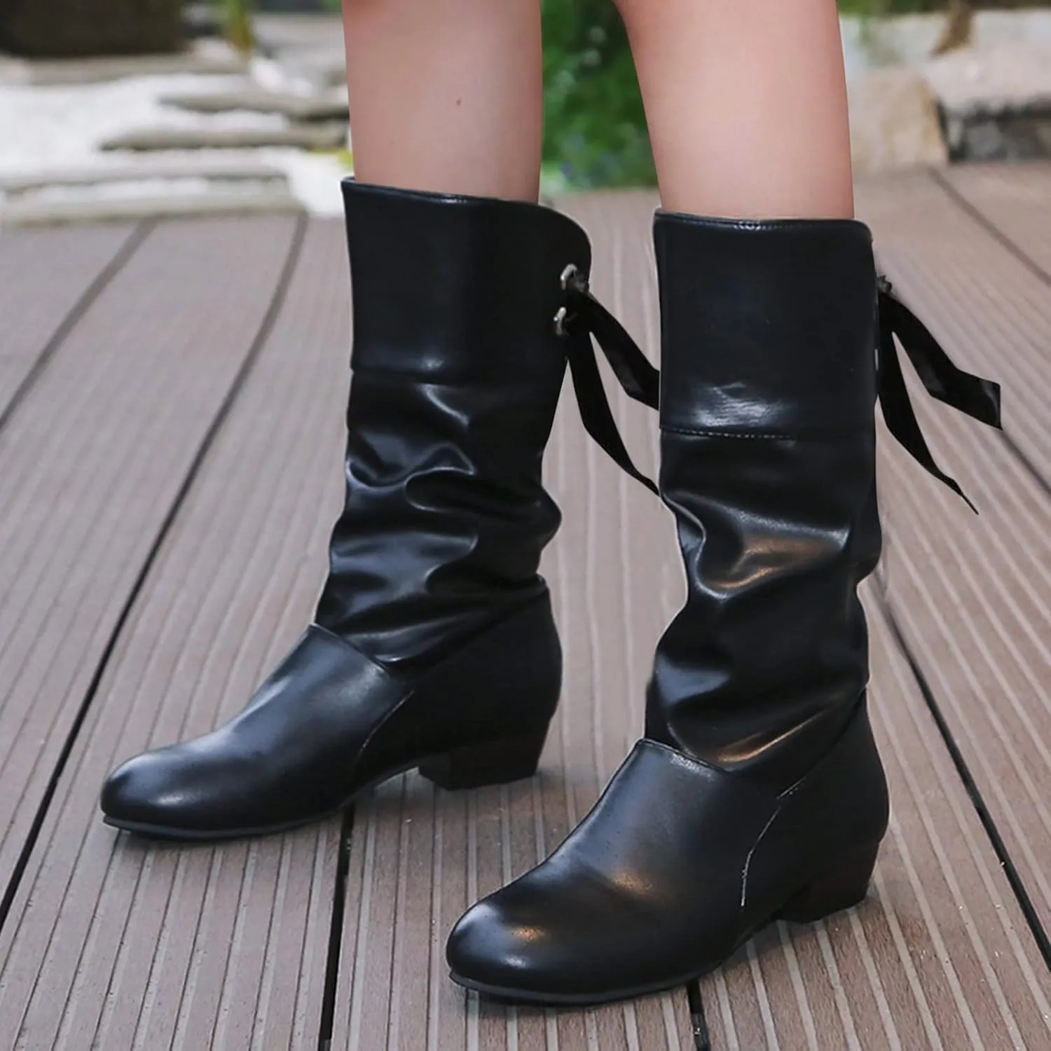 Womens Boots Fashion Bow Tie Pleated PU Leather Boots for Women Solid Color Chunky Heel Durable Mid-Calf Boots