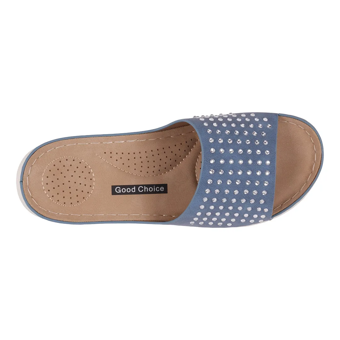 Women's Julie Blue Embellished Flat Comfort Sandals