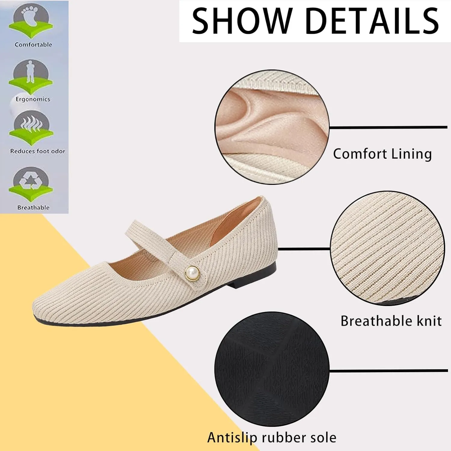 Women's Knit Mary Jane Flats - Lightweight Breathable Slip-On Flats with Adjustable Hook Loop, Pointed Toe Dressy Casual Shoes for Women Machine Washable