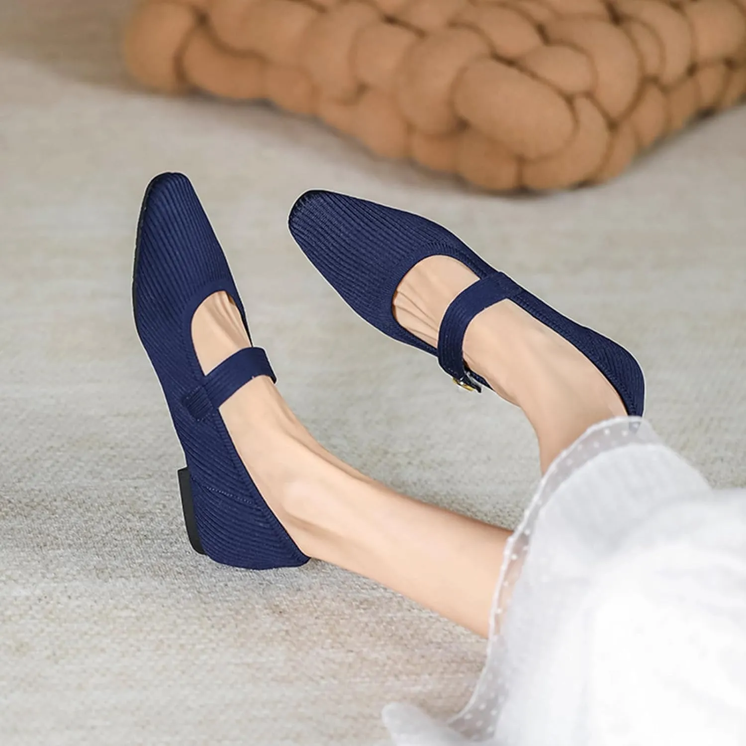 Women's Knit Mary Jane Flats - Lightweight Breathable Slip-On Flats with Adjustable Hook Loop, Pointed Toe Dressy Casual Shoes for Women Machine Washable