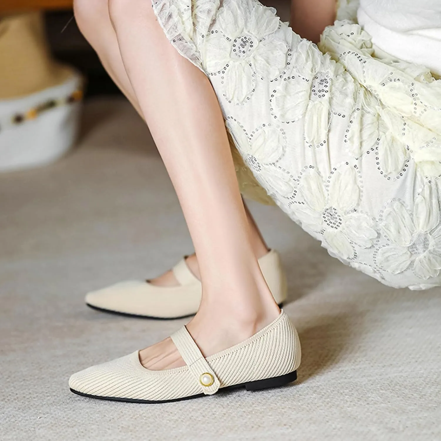 Women's Knit Mary Jane Flats - Lightweight Breathable Slip-On Flats with Adjustable Hook Loop, Pointed Toe Dressy Casual Shoes for Women Machine Washable