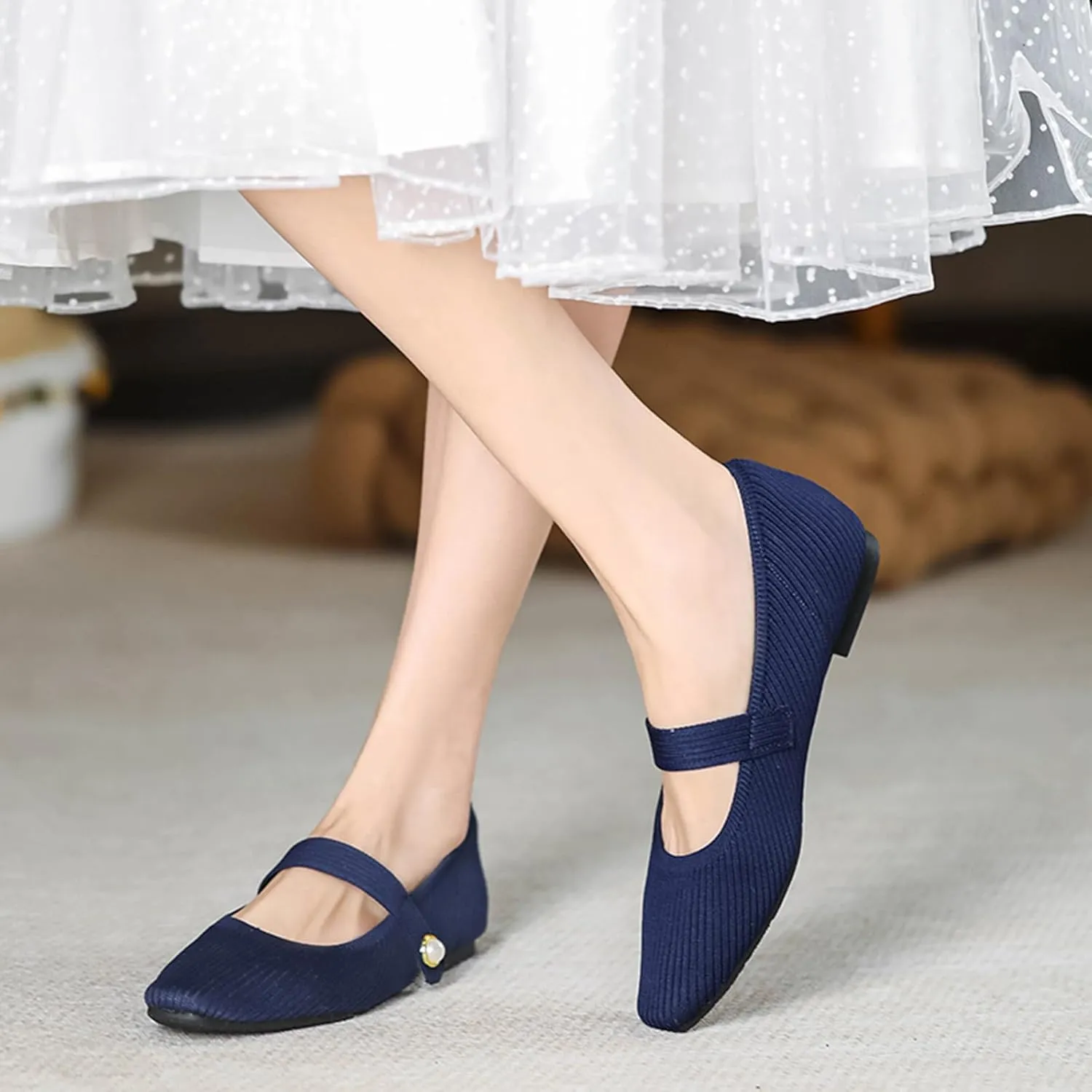 Women's Knit Mary Jane Flats - Lightweight Breathable Slip-On Flats with Adjustable Hook Loop, Pointed Toe Dressy Casual Shoes for Women Machine Washable