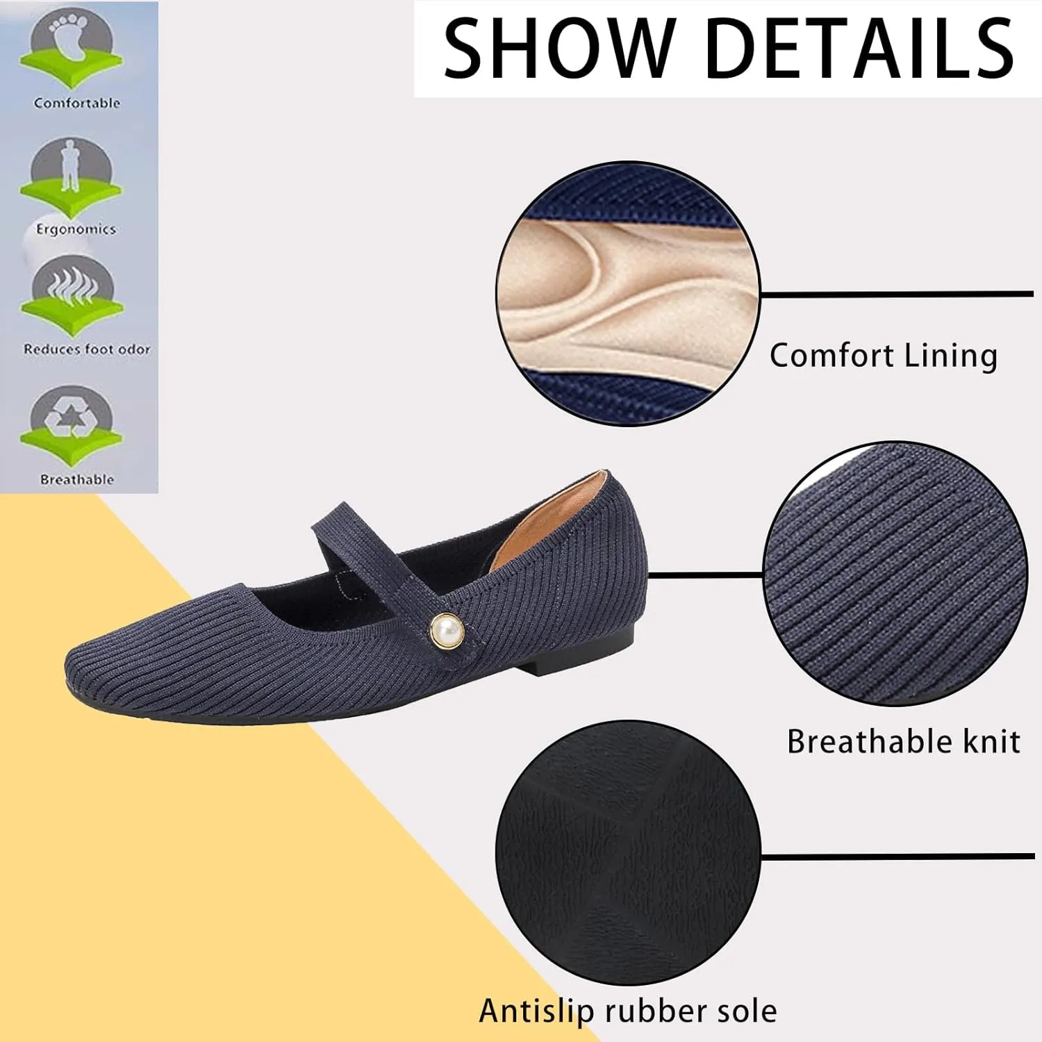 Women's Knit Mary Jane Flats - Lightweight Breathable Slip-On Flats with Adjustable Hook Loop, Pointed Toe Dressy Casual Shoes for Women Machine Washable