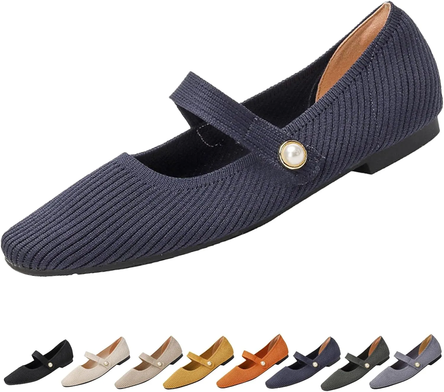 Women's Knit Mary Jane Flats - Lightweight Breathable Slip-On Flats with Adjustable Hook Loop, Pointed Toe Dressy Casual Shoes for Women Machine Washable
