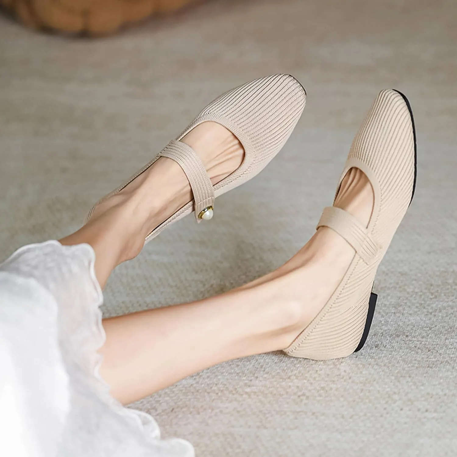 Women's Knit Mary Jane Flats - Lightweight Breathable Slip-On Flats with Adjustable Hook Loop, Pointed Toe Dressy Casual Shoes for Women Machine Washable