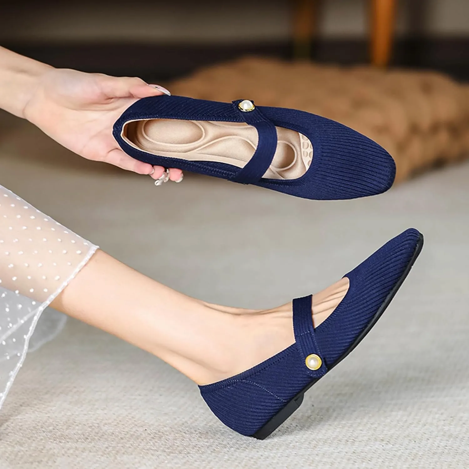 Women's Knit Mary Jane Flats - Lightweight Breathable Slip-On Flats with Adjustable Hook Loop, Pointed Toe Dressy Casual Shoes for Women Machine Washable