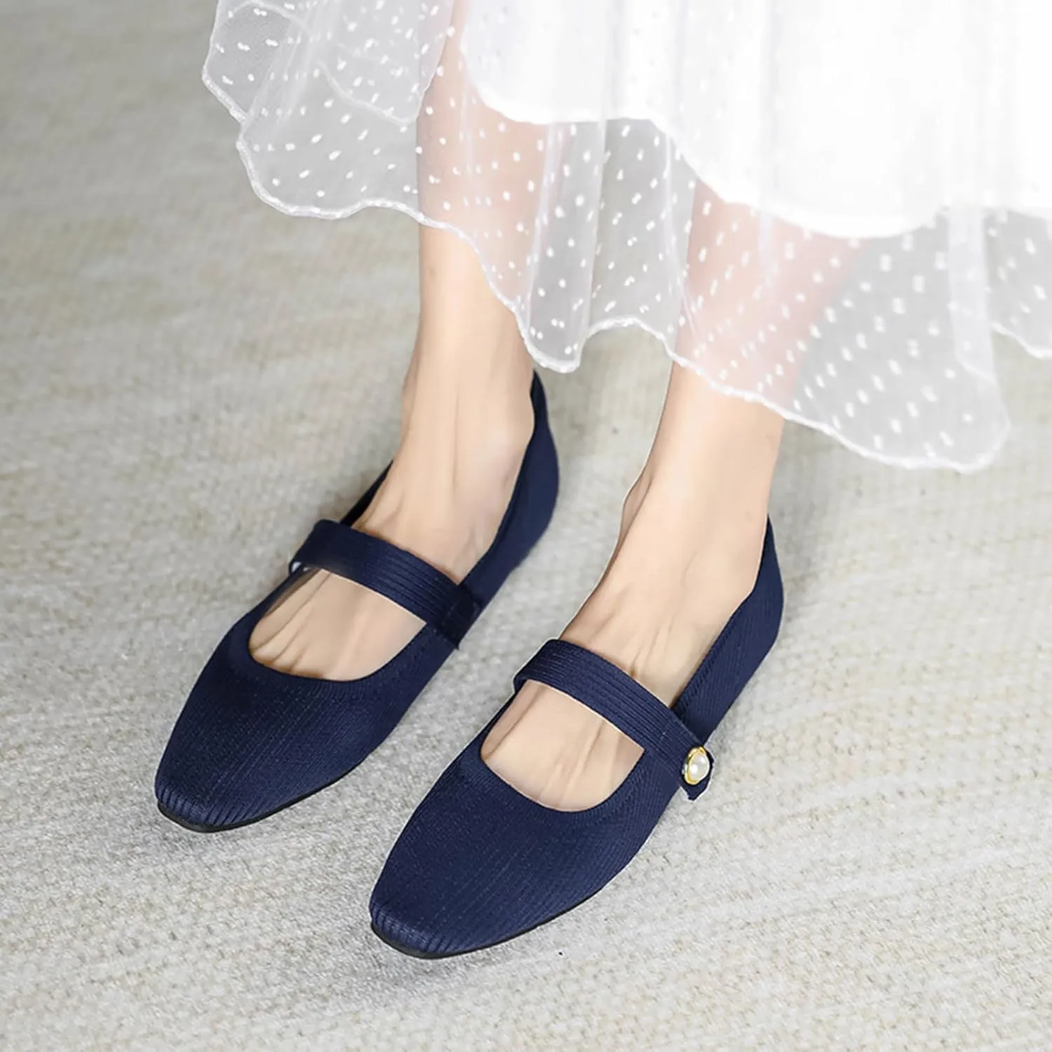 Women's Knit Mary Jane Flats - Lightweight Breathable Slip-On Flats with Adjustable Hook Loop, Pointed Toe Dressy Casual Shoes for Women Machine Washable