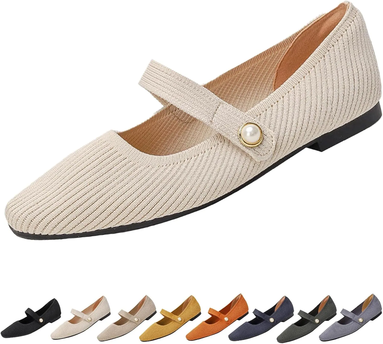Women's Knit Mary Jane Flats - Lightweight Breathable Slip-On Flats with Adjustable Hook Loop, Pointed Toe Dressy Casual Shoes for Women Machine Washable