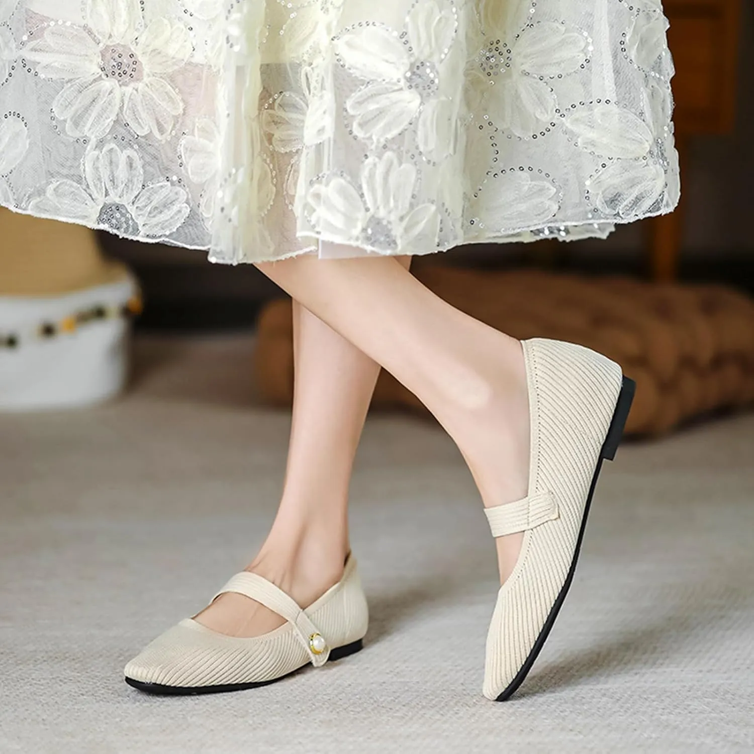 Women's Knit Mary Jane Flats - Lightweight Breathable Slip-On Flats with Adjustable Hook Loop, Pointed Toe Dressy Casual Shoes for Women Machine Washable