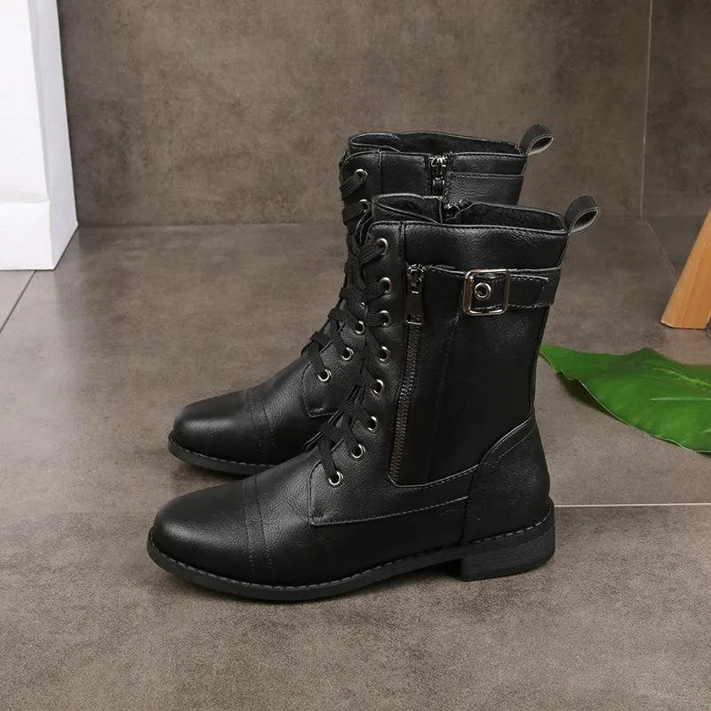 Women's low heel lace-up mid calf biker boots