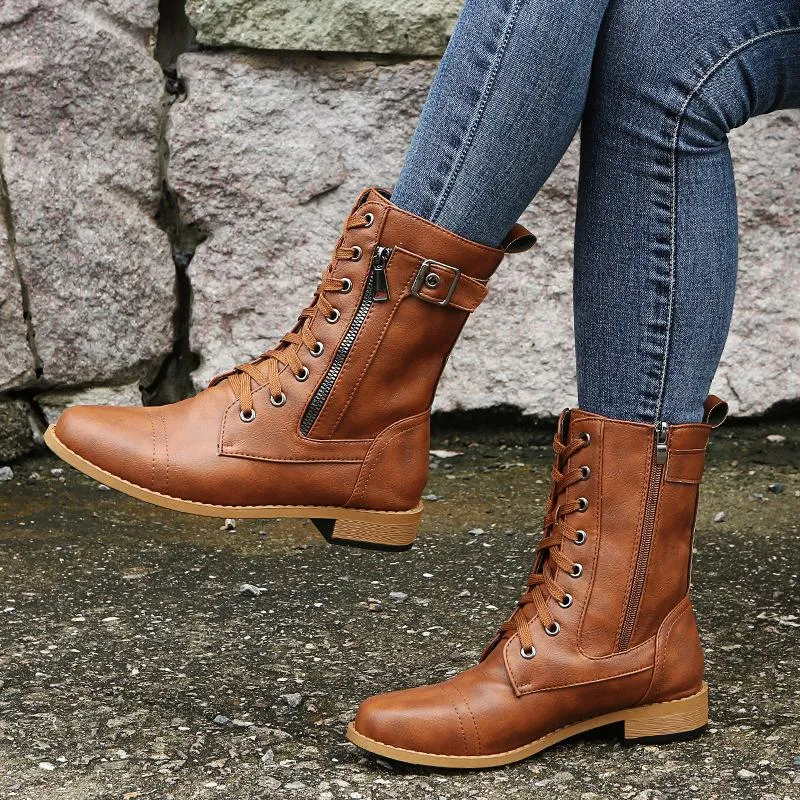 Women's low heel lace-up mid calf biker boots