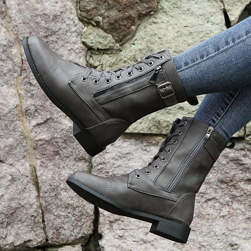 Women's low heel lace-up mid calf biker boots