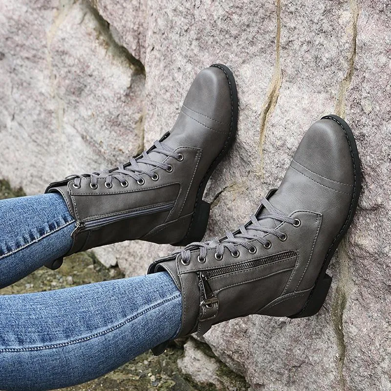 Women's low heel lace-up mid calf biker boots