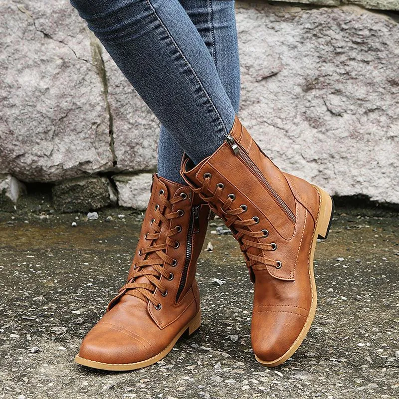 Women's low heel lace-up mid calf biker boots