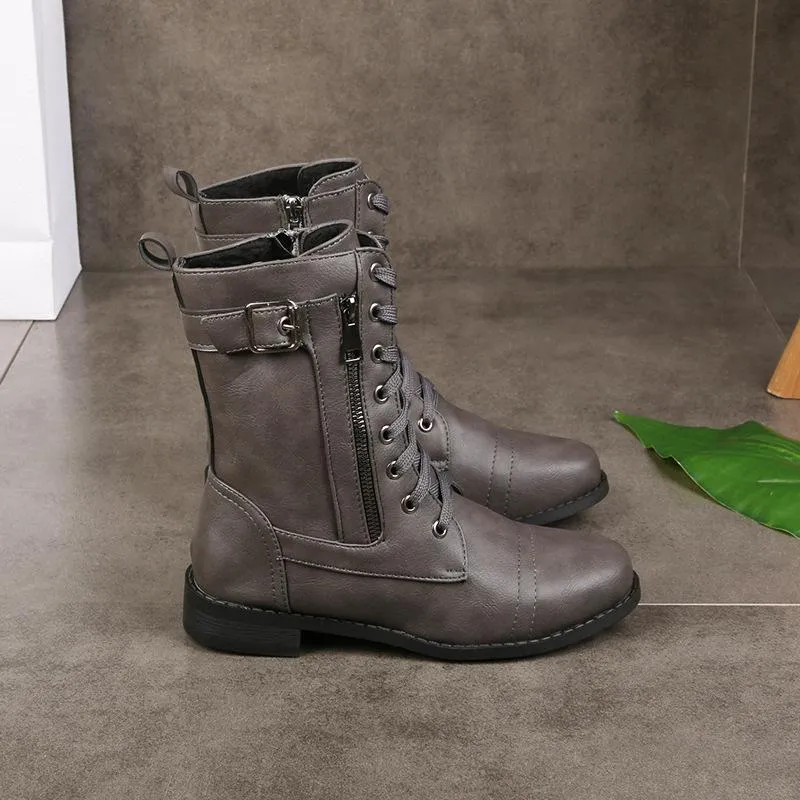 Women's low heel lace-up mid calf biker boots