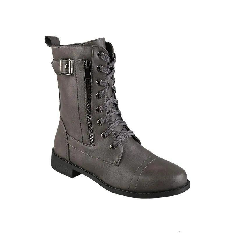 Women's low heel lace-up mid calf biker boots