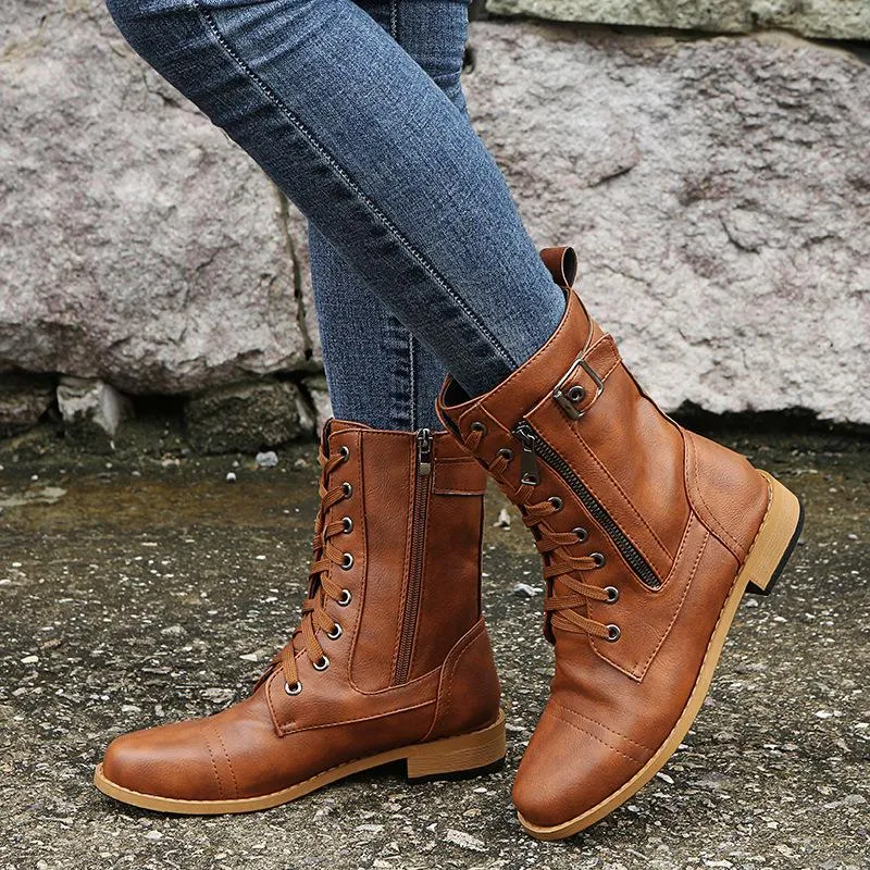 Women's low heel lace-up mid calf biker boots