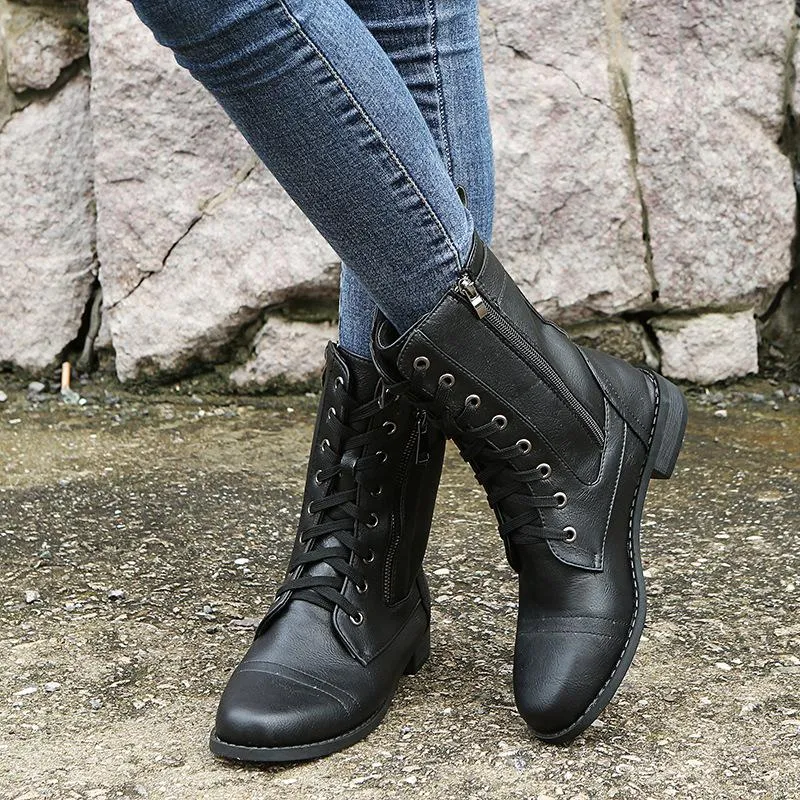 Women's low heel lace-up mid calf biker boots