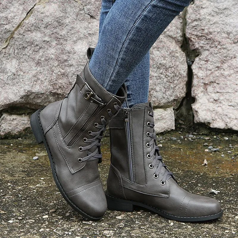 Women's low heel lace-up mid calf biker boots